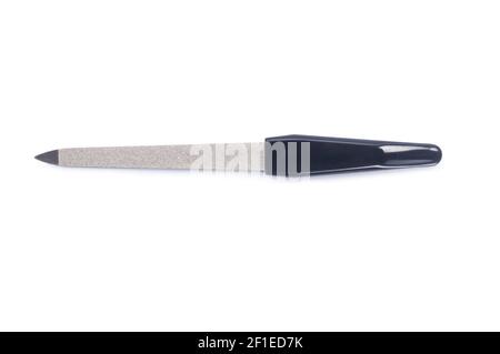 Studio shot of a metallic nail file cut out against a white background - John Gollop Stock Photo