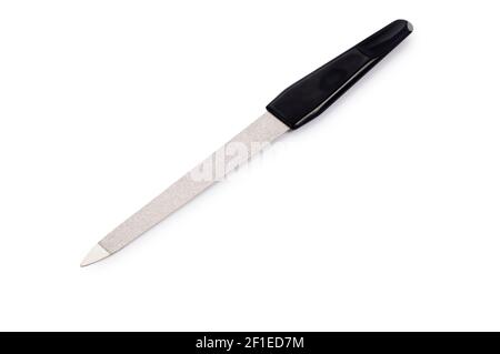 Studio shot of a metallic nail file cut out against a white background - John Gollop Stock Photo