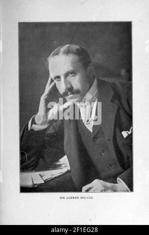 Alfred Milner, 1st Viscount Milner, KG, GCB, GCMG, PC (23 March 1854 – 13 May 1925) was a British statesman and colonial administrator who played a role in the formulation of foreign and domestic policy between the mid-1890s and early 1920s. From December 1916 to November 1918, he was one of the most important members of David Lloyd George's War Cabinet. from the book ' Boer and Britisher in South Africa; a history of the Boer-British war and the wars for United South Africa, together with biographies of the great men who made the history of South Africa ' By Neville, John Ormond Published by Stock Photo