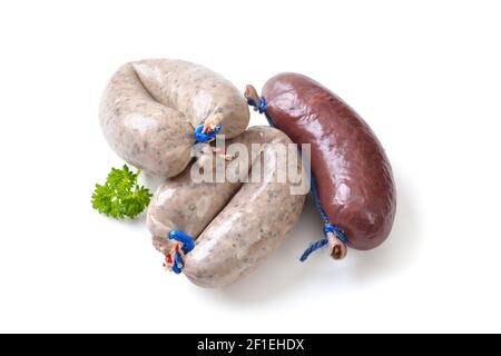 Fresh Bavarian blood and liver sausages, such as those used for hearty German meat platters, on white background Stock Photo