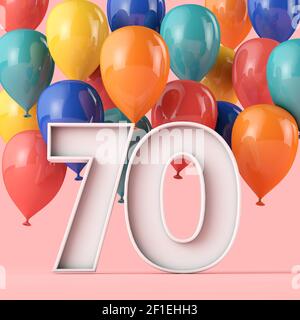 Happy 70th birthday background with colourful balloons. 3D Rendering Stock Photo
