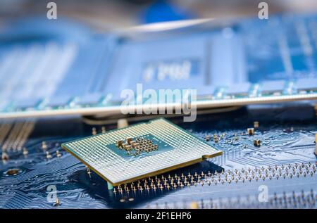 Computer cpu or central processor unit chip on mainboard Stock Photo