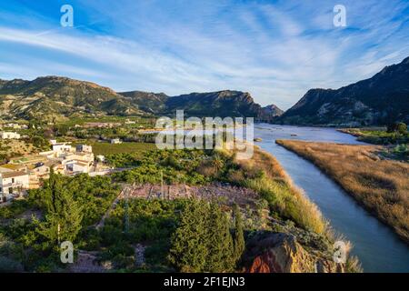 The Ojos reservoir, also called Azud de Ojos in Blanco, Region of Murcia. Spain. River Segura. Ricote Valley. Seen from the viewing platform of Alto d Stock Photo