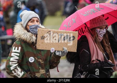 Gdansk, Poland 7th, March 2021 Protester holding a poster with ' metoo ' (#meetoo) slogan is seen in Gdansk, Poland on 7 March 2021 The Manifa is annual feminist and woman rights rally to celebrate International Women's Day - a global day celebrating the social, economic, cultural and political achievements of women. Protesters demand woman rights, respect, and free choice of abortion. Credit: Vadim Pacajev/Alamy Live News Stock Photo