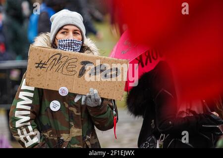 Gdansk, Poland 7th, March 2021 Protester holding a poster with ' metoo ' (#meetoo) slogan is seen in Gdansk, Poland on 7 March 2021 The Manifa is annual feminist and woman rights rally to celebrate International Women's Day - a global day celebrating the social, economic, cultural and political achievements of women. Protesters demand woman rights, respect, and free choice of abortion. Credit: Vadim Pacajev/Alamy Live News Stock Photo