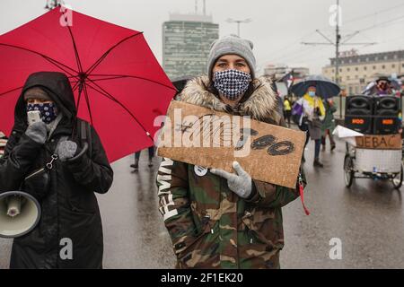 Gdansk, Poland 7th, March 2021 Protester holding a poster with ' metoo ' (#meetoo) slogan is seen in Gdansk, Poland on 7 March 2021 The Manifa is annual feminist and woman rights rally to celebrate International Women's Day - a global day celebrating the social, economic, cultural and political achievements of women. Protesters demand woman rights, respect, and free choice of abortion. Credit: Vadim Pacajev/Alamy Live News Stock Photo