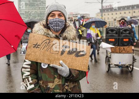 Gdansk, Poland 7th, March 2021 Protester holding a poster with ' metoo ' (#meetoo) slogan is seen in Gdansk, Poland on 7 March 2021 The Manifa is annual feminist and woman rights rally to celebrate International Women's Day - a global day celebrating the social, economic, cultural and political achievements of women. Protesters demand woman rights, respect, and free choice of abortion. Credit: Vadim Pacajev/Alamy Live News Stock Photo