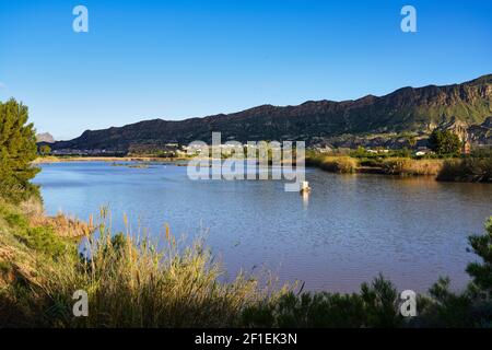 The Ojos reservoir, also called Azud de Ojos in Blanco, Region of Murcia. Spain. River Segura. Ricote Valley. Seen from the viewing platform of Alto d Stock Photo