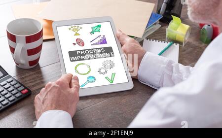 Process improvement concept shown on a tablet held by a man Stock Photo