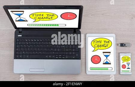 Time for change concept shown on different information technology devices Stock Photo