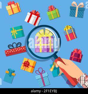 Gift boxes and hand with magnifying glass. Stock Vector