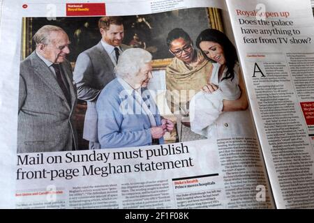 'Mail on Sunday must publish front-page Meghan statement' Royals Queen Meghan Markle Prince Harry baby Archie newspaper article on 5 March 2021 London Stock Photo