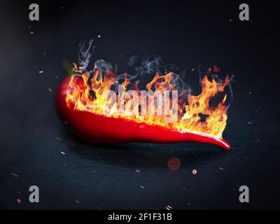 Red hot peppers with fire Stock Photo