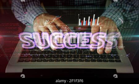 Success concept glowing text. Camera moving with man typing on computer keyboard. Futuristic 3d rendering. Remote work at home. Stock Photo