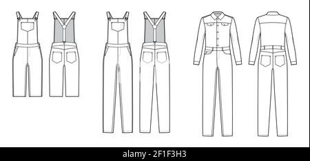 Set of Dungarees Denim overall jumpsuit technical fashion illustration with full knee length, normal waist, high rise, pockets, Rivets. Flat front back, white color style. Women, men unisex CAD mockup Stock Vector
