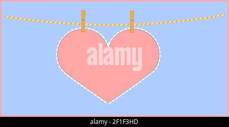 Heart shape pink paper note hanging with clothespin on string. Vector illustration with copy space on white background. Valentines day greeting card o Stock Vector