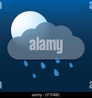 Vector drawing. Weather icon with cloud in style glass morphism, moon and raindrops on dark background. Stock Vector