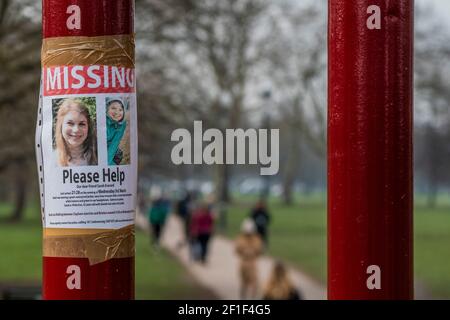 London, UK. 8th Mar, 2021. The search goes on for missing for Sarah Everard. There are signs (asking for any information) made by concerned friends on Clapham Common. She disappeared after 9:00 on March 3 somewhere between Clapham Junction and Brixton and recent cctv suggests she had made it past the common onto Poynders Road. Credit: Guy Bell/Alamy Live News Stock Photo