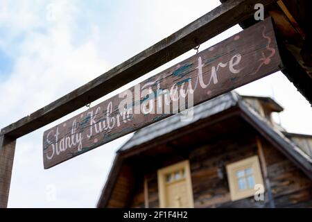 Drvengrad, Serbia- 18 September 2020: Sign 'Stanly Kubric Theatre' at Kustendorf, traditional wooden village Drvengrad built by Emir Kusturica. Mokra Stock Photo