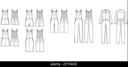 Set of Dungarees Denim overall jumpsuit dress technical fashion illustration with full knee mini length, normal waist, high rise, pockets, Rivets. Flat front, back white color. Women, men CAD mockup Stock Vector