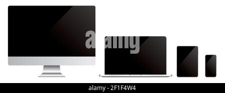 Vector set of modern technology device mockups. Personal computer, laptop, tablet, and phone, with a black screen, isolated on a white background. Stock Vector