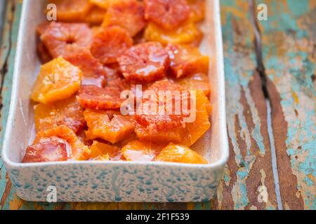 Slices of blood orange covered in sugar Stock Photo