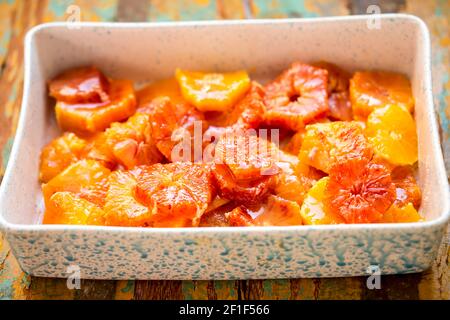Slices of blood orange covered in sugar Stock Photo