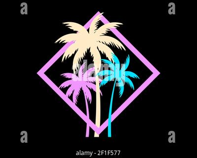 Palm trees in a square frame. Multicolored palm trees retro style of the 80s. Design for advertising brochures, banners, posters, travel agencies. Vec Stock Vector