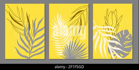 A set of minimalist botanical illustrations in gray and yellow tones. Suitable for posters, greeting cards, corporate cards and invitations, book cove Stock Vector