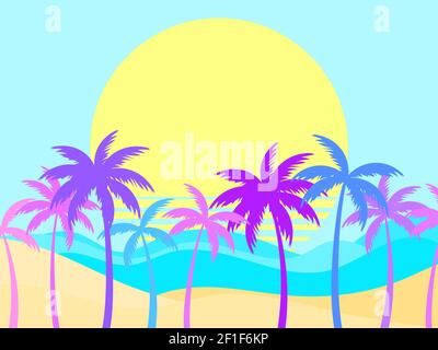 Landscape with palm trees and beach, sea waves and sand. Multicolored palms in a flat style. Exotic sunrise. Design for poster and travel banner. Vect Stock Vector