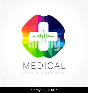 Medical colored logo. Pharmacy stained-glass plus cross in a soft shape. Heart testing waves. Tests, pharmaceutical, chemist's sign. Cardio centre sym Stock Vector