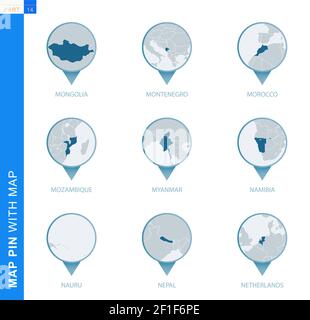 Collection of map pin with detailed map and neighboring countries, 9 map pins of Mongolia, Montenegro, Morocco, Mozambique, Myanmar, Namibia, Nauru, N Stock Vector