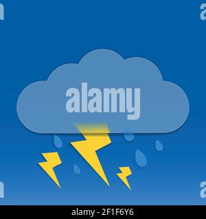 Vector drawing. Weather icon with cloud in style glass morphism, lightning and raindrops on blue background. Stock Vector