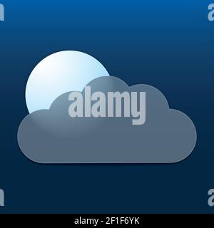 Vector drawing. Weather icon with cloud in style glass morphism and moon on dark background. Stock Vector