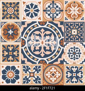 Set of patterned azulejo floor tiles. Abstract geometric background. Vector illustration, seamless mediterranean pattern. Portuguese floor tiles azule Stock Vector