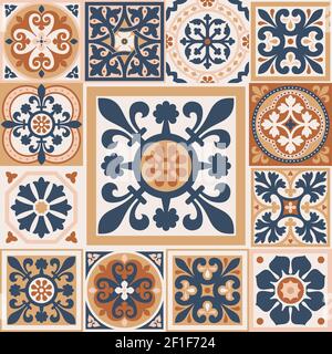 Set of patterned azulejo floor tiles. Abstract geometric background. Vector illustration, seamless mediterranean pattern. Portuguese floor tiles azule Stock Vector