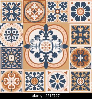 Set of patterned azulejo floor tiles. Abstract geometric background. Vector illustration, seamless mediterranean pattern. Portuguese floor tiles azule Stock Vector