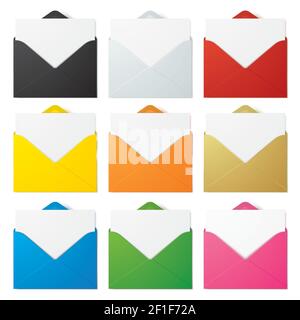 Vector set of realistic envelopes in different colors. Mockup of an unfolded envelope with a blank letter inside, isolated on a white background. Stock Vector