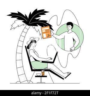 Work remotely - modern flat design style illustration with line elements. A composition with a female manager, freelancer sitting under a palm with th Stock Vector