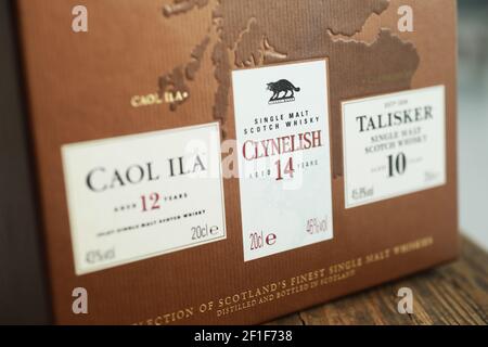 MOTALA, SWEDEN- 2 MARCH 2021: Classic malts selection whisky in a box.