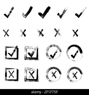 Check the drawn check mark, the check mark and cross icons, the check mark OK and X icons, YES and NO characters, chalk icons chalk, sketches, checkli Stock Vector