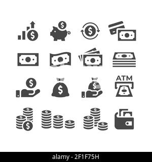 Money or financial vector icon set. Dollar coin, money stack, wallet, banknote finance symbols. Stock Vector