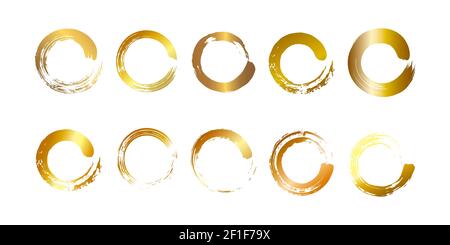 Set of different gold circles brush strokes. Flat style. Isolated on white background. Vector illustration Stock Vector