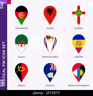 Vertical pin icon set, 9 country flag: Afghanistan, Albania, Alderney, Algeria, American Samoa, Andorra, Angola, Anguilla, Antigua and Barbuda Stock Vector