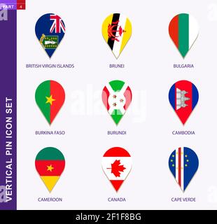 Vertical pin icon set, 9 country flag: British Virgin Islands, Brunei, Bulgaria, Burkina Faso, Burundi, Cambodia, Cameroon, Canada, Cape Verde Stock Vector