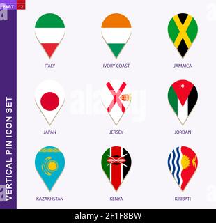 Vertical pin icon set, 9 country flag: Italy, Ivory coast, Jamaica, Japan, Jersey, Jordan, Kazakhstan, Kenya, Kiribati Stock Vector