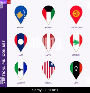 Vertical pin icon set, 9 country flag: Kosovo, Kuwait, Kyrgyzstan, Laos, Latvia, Lebanon, Lesotho, Liberia, Libya Stock Vector