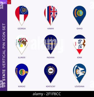 Vertical pin icon set, 9 US staes flag: Georgia, Hawaii, Idaho, Illinois, Indiana, Iowa, Kansas, Kentucky, Louisiana Stock Vector