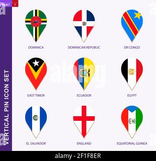 Vertical pin icon set, 9 country flag: Dominica, Dominican Republic, DR Congo, East Timor, Ecuador, Egypt, El Salvador, England, Equatorial Guinea Stock Vector