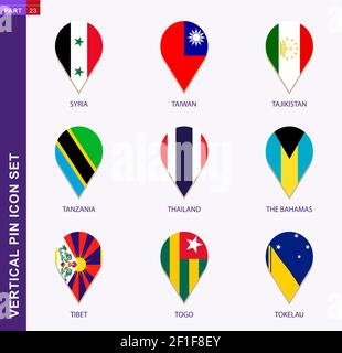 Vertical pin icon set, 9 country flag: Syria, Taiwan, Tajikistan, Tanzania, Thailand, The Bahamas, Tibet, Togo, Tokelau Stock Vector